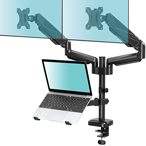 MOUNT PRO Monitor and Laptop Mount, Gas Spring Dual Monitor Arm fit Max 27inch Flat Curved Computer Screens, Monitor Mount with Laptop Tray for Max 17 Inch Notebooks, 3 in 1 Laptop and Monitor Stand
