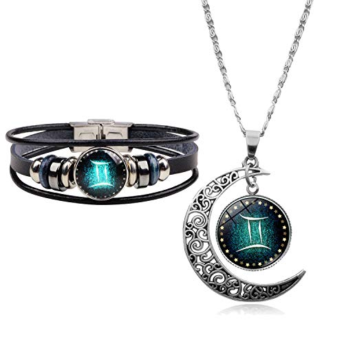 Zodiac Gemini Necklace Bracelet for Men Women Constellation Necklace Astrology Galaxy & Crescent Moon Glass Necklace Leather Constellation Bracelet for Men Jewelry Set Birthday Gift for Women (Gemini)