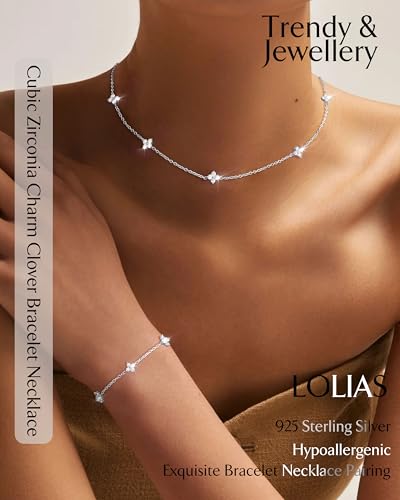 LOLIAS Kette Silber 925 Damen Ohrstecker Gold Armband Set Verstellbare Choker Halskette Gliederkette mit Niedlichen Zirkonia Zierliche Hochzeit Braut Schmuck Set – Bild 3