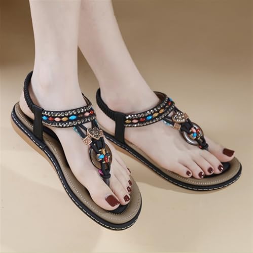 Womens String Bead Casual Elastic Band Bohemian Beach Shoes Sandals Elastic Ankle Strap Low Wedges Sandals Rhinestone Cute Sandal Dressy Flats2