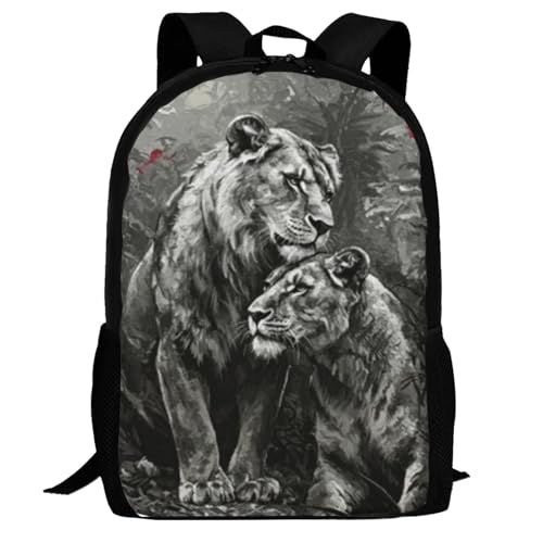 Backpack Lightweight Durable Bookbag with Adjustable Shoulder Straps & Padded Back 17 Inch Bags with Lion and Lioness in Jungle Painting