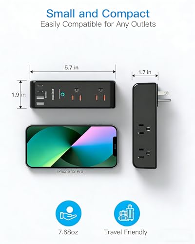 Image of Surge Protector Outlet Extender with Rotating Plug, 6 AC Multi Plug Outlet with 4 USB Ports (2 USB C), 3-Sided 1800 J Swivel Power Strip with Spaced Outlet Splitter for Home Dorm, Black, 2 Pack