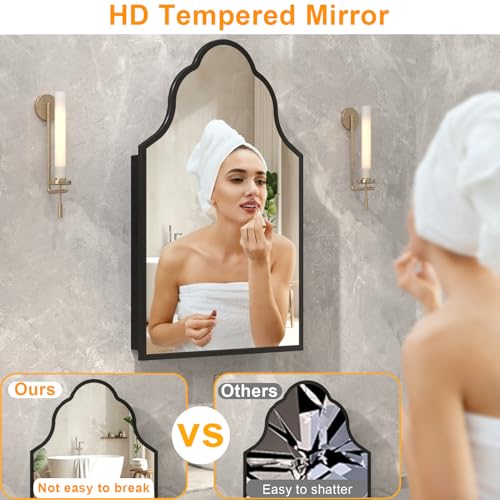Image of 20 inchx32 inch Irregular Medicine Cabinet with Mirror, Recessed or Surface Mount Black Arched Medicine Cabinet for Bathroom, Artistic Decorative Mirror with Storage, Full Metal, Easy Installation