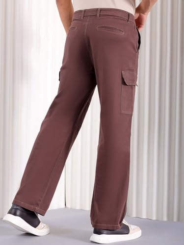 Image of The Indian Garage Co Men Relaxed Fit Solid Mid-Rise Stretchable Cargos