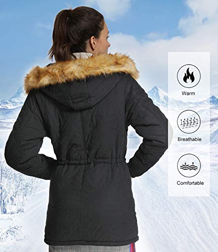 4How Womens Parka Jacket Hooded Warm Winter Coat Faux Fur Trim Long Parkas Outdoor FashionCoat Black Size 8
