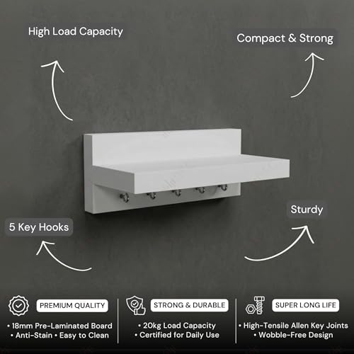 Image of DFC Element Simplex Key Holder for Home Wall Mounted with 5 Key Knobs Engineered Wood Key Hanger Wall Mount Compact Stylish Key Organizer Matte Finish, Classic White