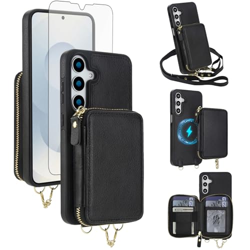 Coque Samsung S24 FE magnétique amovible, protège-écran et sac portefeuille zippé