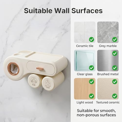 Image of HASTHIP Tooth Brush Holder Bathroom with Toothpaste Dispenser, Wall Mounted Storage Shelf with Drawer & 2 Cups, Adhesive Installation, PP Cosmetic Holder, Toothbrush Holder