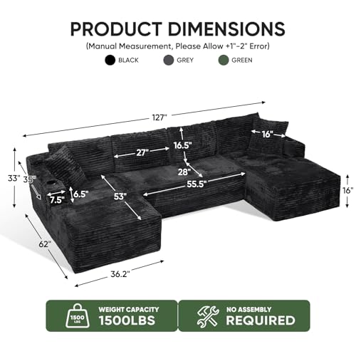 Image of Boneless Couch, 127 inch Sofas for Living Room, U Shaped Couch with Chaise | Sectional Sofa, Cloud Couch Sectional with Cup Holders and Storage, Cloud Sofa with Deep Seat, Black, Corduroy, No Assembly