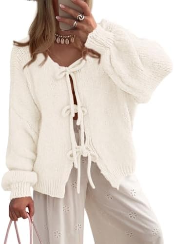 PRETTYGARDEN Women's Tie Front Bow Cardigan Sweaters Chunky Knit Long Puff Sleeve Trendy Fall Winter Jacket Coats