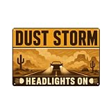 Dust Storm Desert Highway Car Headlights On Tin Sign Vintage Retro Warning Road Safety Metal Signs for Home Bedroom Kitchen Bar Garage Garden Outdoor Wall Art Decor Gift (8X12 IN)