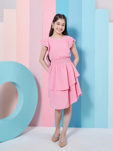 Image of Pspeaches Girl's Flutter Sleeve Layered Crepe Fit & Flare Dress Pink Color Stylish & Comfortable Wear