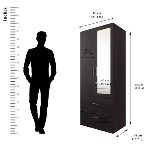 Image of VIKI Wardrobe | Wooden Almirah for Clothes,Door for Bedroom, 2 Door Wardrobe with Drawer, Mirror & Hanging Space (White & Wenge - 40D x 80W x 180H) | 1 Year Warranty | Free Assembly