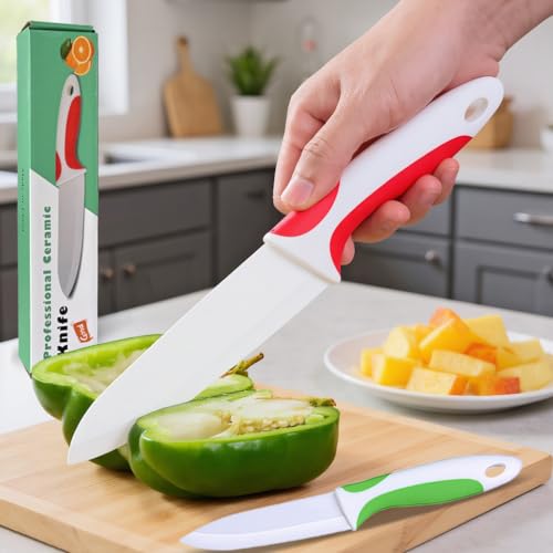 Zhiyun 2 PCS Professional Ceramic Set 6 and 4 Kitchen Knife with Sheaths Zirconia Blade with Ergonomic Handle Use for Meat Fruit Vegetable Bread and Butter (Green and Red)