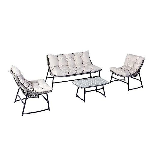CONCEPT USINE | Salon de Jardin Bas 4 Places | GUAHANA Gris | Résine Aspect Rotin Tréssé | Structure Acier | Gros Coussins 14 cm Ultra Confort | Canapé + 2...