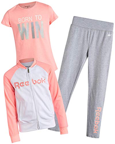 Reebok Girls' Activewear Set with T-Shirt, Leggings, and Tricot Jacket (3-Piece), Light Coral, Size 12