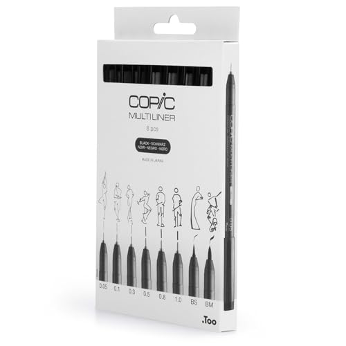 COPIC Multiliner Set, Black, 8 Fineliner in verschiedenen Strichstärken, Zeichen Stifte mit einer feinen Spitze und wasserbeständiger Pigmenttinte