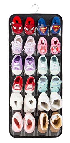 Image of PACMAXI Over The Door Shoes Organizer for 12 Pairs of Baby Shoes Boys Girl, Hanging Baby Shoe Organizer with Hanger(Felt Material-Black)