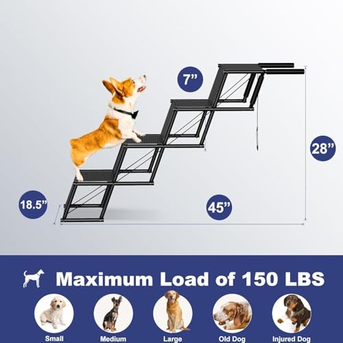 HEYOUTH Hunderampe Auto Klappbar,Hundetreppe Große Hunde,Rampe Hund Auto 4 Stufen,Bis 80 kg belastbar,Hunde Einstiegshilfe Auto,für SUV, Auto, LKW, Hochbett