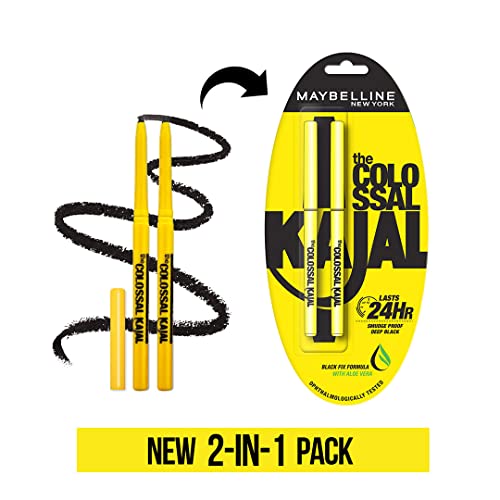 Maybelline New York Kajal Pencil - Twin Pack, 0,35G + 0.35G, Intense Colour, Waterproof, Long Lasting 24Hrs Stay, Colossal Kajal, Black, Matte Finish - Image 2