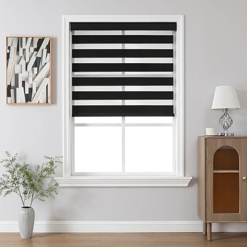 Joydeco Cordless Zebra Blinds for Windows, Dual Layer Light Control Window Blinds with Light-Proof Aluminum Cover, Free-Stop Roller Shades for Home & Office (Black,55" W x 75" H)