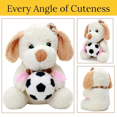 Image of Tickles Muffler Dog with Football Soft Stuffed Plush Animal Sports Theme Toy for Kids Boys & Girls Birthday Gifts (Size: 22 cm Color: White)