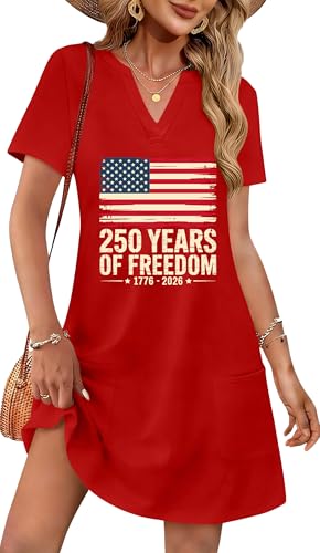 Image of Ithalt 4th of July Dresses for Women Patriotic Dress Red White and Blue Outfits American Flag V Neck Sundress with Pockets