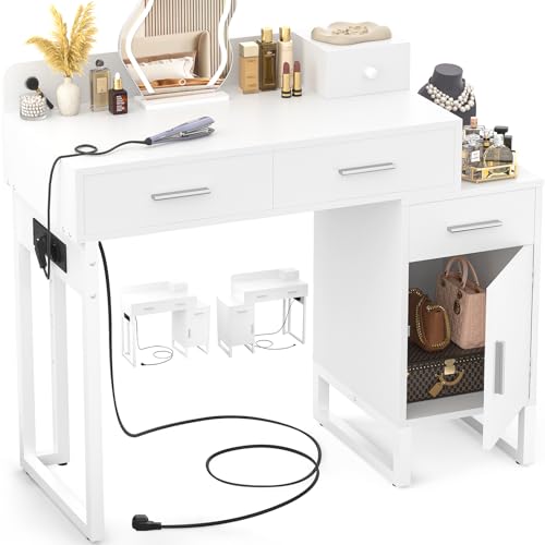 iSunirm Schminktisch ohne Spiegel, Kleiner Kosmetiktisch Weiß mit Steckdosen & 2 USB-Ports, Frisiertisch mit 4 Schubladen und reversiblem Seitenschrank, Vanity Desk/Schreibtisch für Schlafzimmer