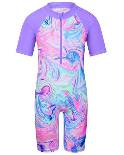 Image of TFJH E Short Sleeve Girls Swimsuits UV 50+ One Pieces Zipper 2-14Y | From beach vacations and pool parties to cruises and water parks, this colorful floral swimsuit is her summer favorite