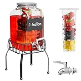 OneDream Glass Drink Dispenser for Parties, 1Gallon Beverage Dispenserd with Stand, Lemonade Dispenser with Stainless Steel Spigot and Fruit Infuser, Come with Ice Cylinder, Used as Sun Tea, Juice
