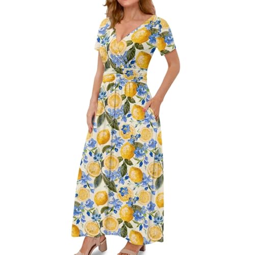 Image of Women's Fall Summer Short Sleeve Ankle Length V-Neck Party Dress with Pockets Size S-3XL