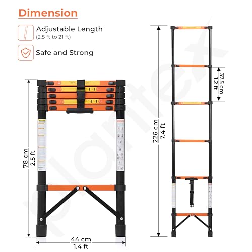 Image of Plantex 2.3m (7.55 ft.) Telescopic Ladder /Carbon Steel 6-Steps Portable & Compact Ladder /Foldable Multipurpose Collapsible Ladder for Home & Outdoor Use - (Orange)