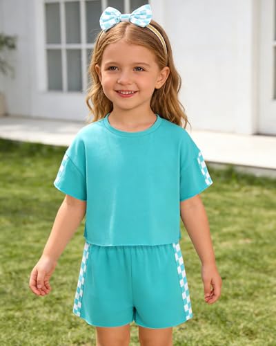 Image of SANMIO Toddler Girl Clothes Summer 3 Piece Outfits Cute | Short Sleeves Checkered Tops Shorts and Headband Girls Clothing Set