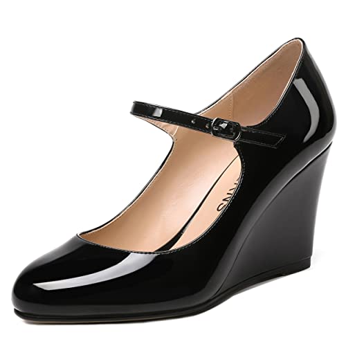 WAYDERNS Womens Patent Round Toe Buckle Fashion Adjustable Strap Mary Jane Dating Wedge High Heel Pumps Shoes 3.3 Inch