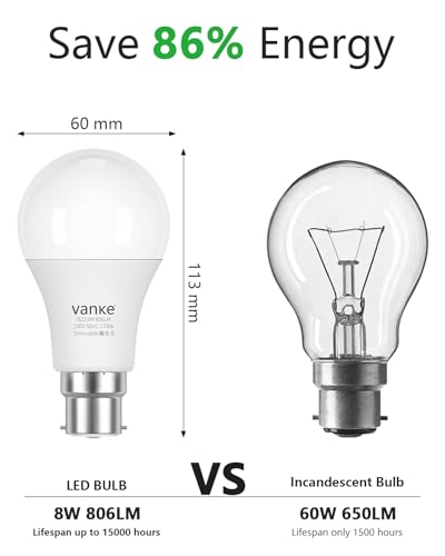 Vanke Dimmable Bayonet Light Bulb, 8W (Equivalent to 60W), B22 LED dimmable Light Bulb, Warm White 2700K, 806 Lumen BC A60 GLS Energy Saving Lightbulb, Pack of 3 - Image 3
