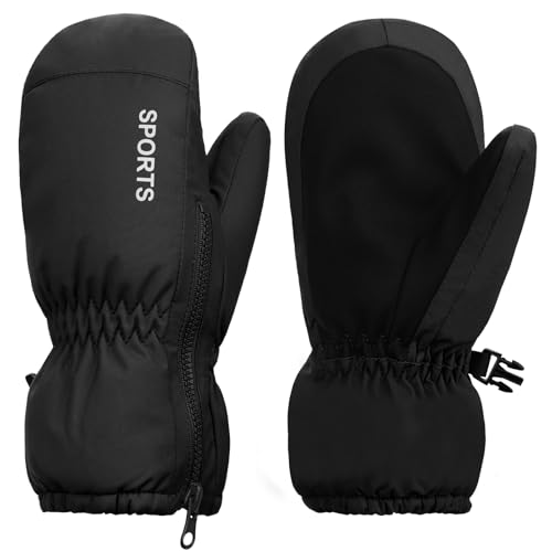 Fengzio Gants d'hiver imperméables et coupe-vent pour enfants, Ski, Snowboard, Vélo, Sports d'hiver, Noir, Unisex, 4-5 ans