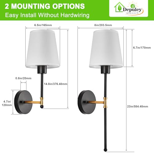 Depuley Battery Operated Wall Sconce: Set of 2 Wireless Wall Lights with Remote for Bedroom - Rechargeable 12 Colors Black and Gold Wall Lamp for Living Room Hallway