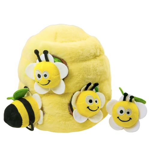 YOUBEMAGIC Hide and Seek Dog Toys 4Pcs Squeaky Bees Plush Toy Hide Inside Crinkle Beehive, Interactive Dog Toy to Keep Them Busy Pet Teeth Clean Chew Toys for Small&Medium Dogs (Beehive&Bees)
