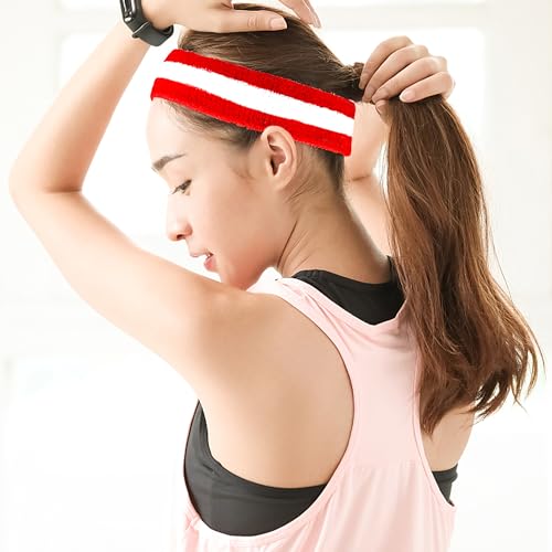 10 Pieces Striped Sweatbands and Striped Socks Set Headbands Wrist Sweat Bands for Men and Women Sports 80s 90s Fitness (Red, White, Red) by BHUCUTU - Image 5