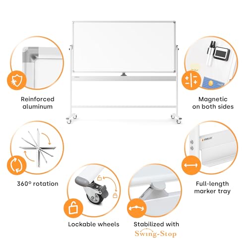 Image of Rolling Dry Erase Board 70 x 36 - Large Portable Magnetic Whiteboard with Stand - Double Sided Easel Style Whiteboard with Wheels - Mobile Standing White Board for Office, Classroom & Home
