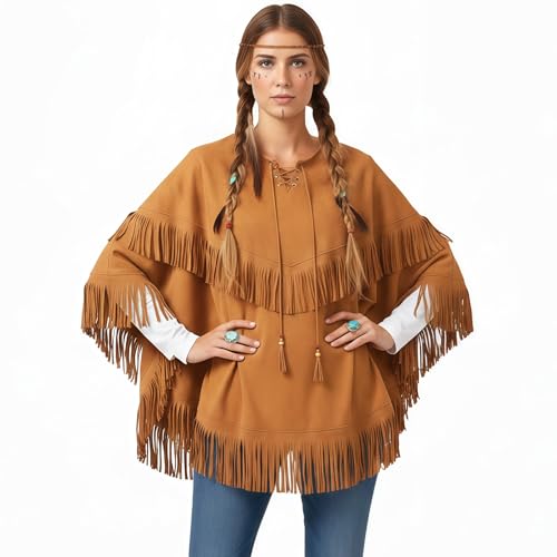 WANGWANG Indianer Kostüm Damen Poncho - Indianerin Kostüm Frau Überwurf mit Fransen - Indianer Poncho Damen in Wildleder-Optik für Karneval &...