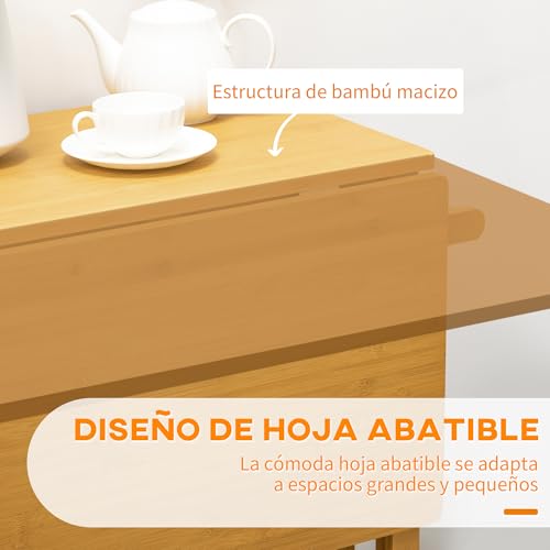 HOMCOM Juego de Mesa Alta de Bar con 2 Taburetes, Mesa Alta de Cocina de Bambú con Ruedas, Tablero Abatible, Cajones, Toalleros, Reposapiés y Ahorro de Espacio, Marrón - imagen 4