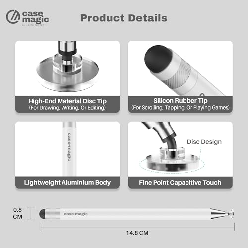 Image of 2 in 1 Universal Stylus Pen with Fine Point Disc Tip+ Rubber Fiber Tip| for Smartphone /Tablet /iPad /Pro /Air /iPhone /iOS /Android /All Touch Screens| Aluminum Body (White)