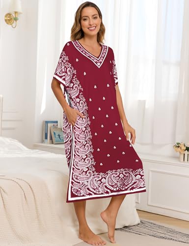 Image of Bloggerlove Women's Caftan Nightgown with Pockets, Long House Dress | Half Sleeve, Kaftan, Mumu Dress, Sleepwear, V-Neck, Full Length, Lounge Dress, 2 Side Pockets