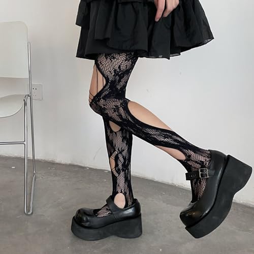 Socks,Women Gothic Fishnet Pantyhose Harajuku Irregular Ripped Holes Mesh Tights Rose Floral Pattern Stockings2