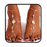 Yalice Cadena de pie con cuentas doradas para mujer, sandalias descalzas con diamantes de imitación y puntera de moneda, tobillera de verano, boda, joyería de pie con perlas, Talla única, Acero aleado