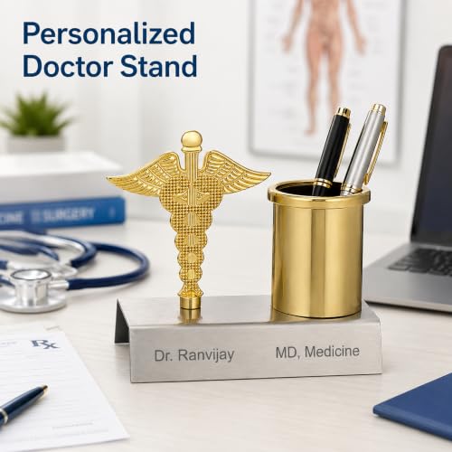 Image of SAVRI Personalized Doctor Symbol Pen Stand -Custom Name Engraved | Stainless Steel with Golden Touch | Customized Desk Organizer Gift for Doctors, Surgeon, Medical Students & Pharma Corporate Gifting