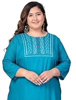 PREKSHA Plus Size Ethnic Floral Embroidered Yoke Neck Design Three-Quarter Sleeves Straight Rayon Kurti&nbsp;for&nbsp;Women-Turquise