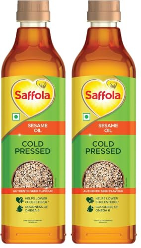 Image of Saffola Cold Pressed Sesame Oil | 100% Cold Pressed Sesame Seed Oil | Unrefined, 0 trans fat, Chemical free | Helps Lower Cholesterol, Goodness of Omega 6 & Authentic Seed Flavour | 1L Pet Bottle