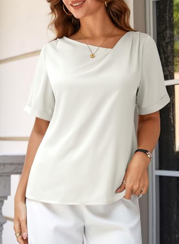 Dokotoo Women's Summer Short Sleeve Business Casual Tops Asymmetrical Neck Work Dressy Shirts Blouses 2026 Spring Going Out Tops for Women Office Trendy Fashion Clothing White — view 4